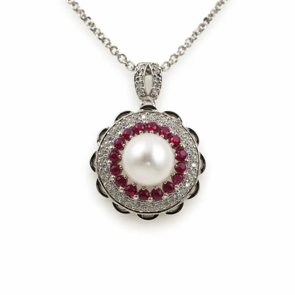 Pearl Rosette Ruby Halo Pendant (TKC-S925-P-0018)